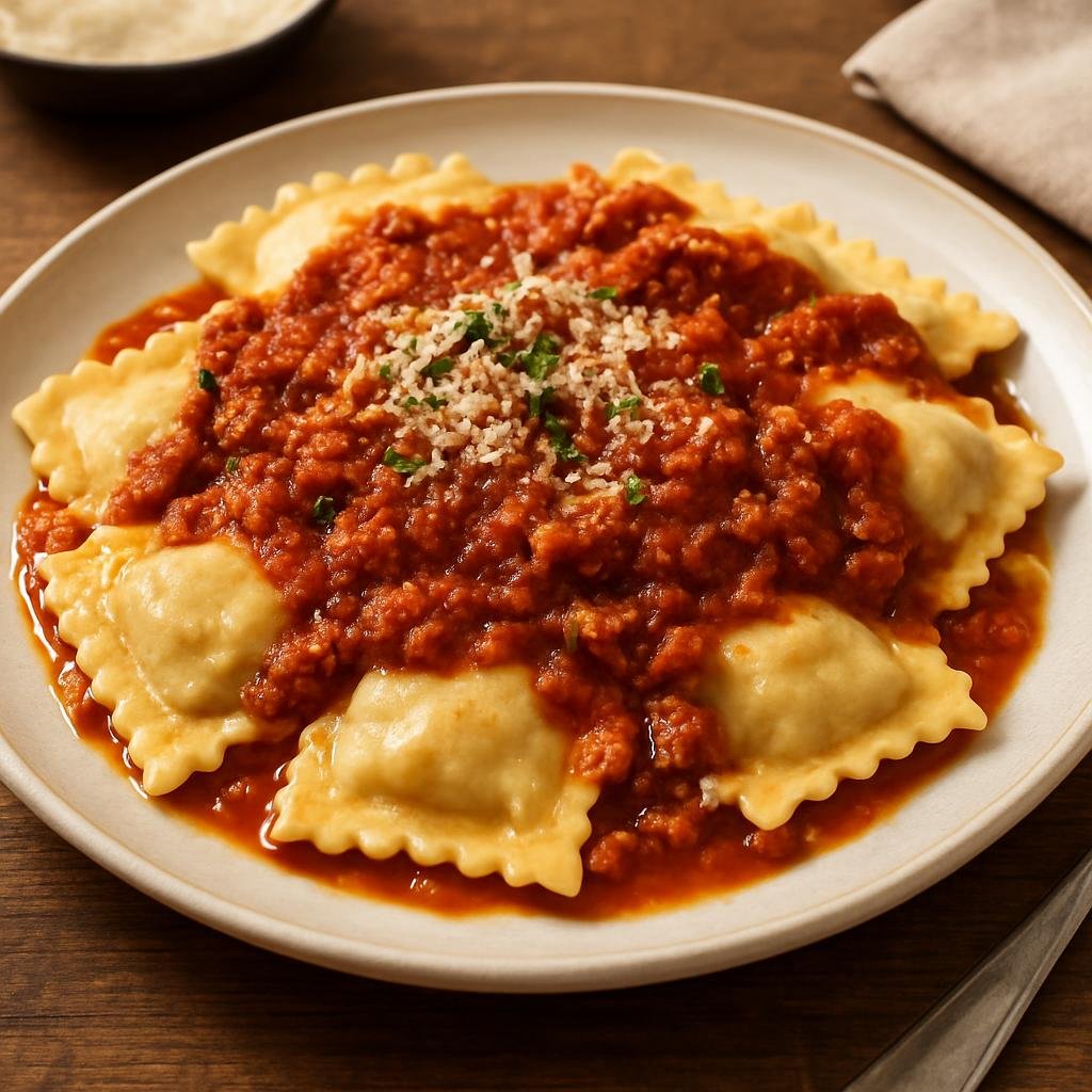 Entree: Argentina – Argentine Italian Cuisine – Ravioles con Tuco (fresh stuffed pasta with meat sauce) recipe
