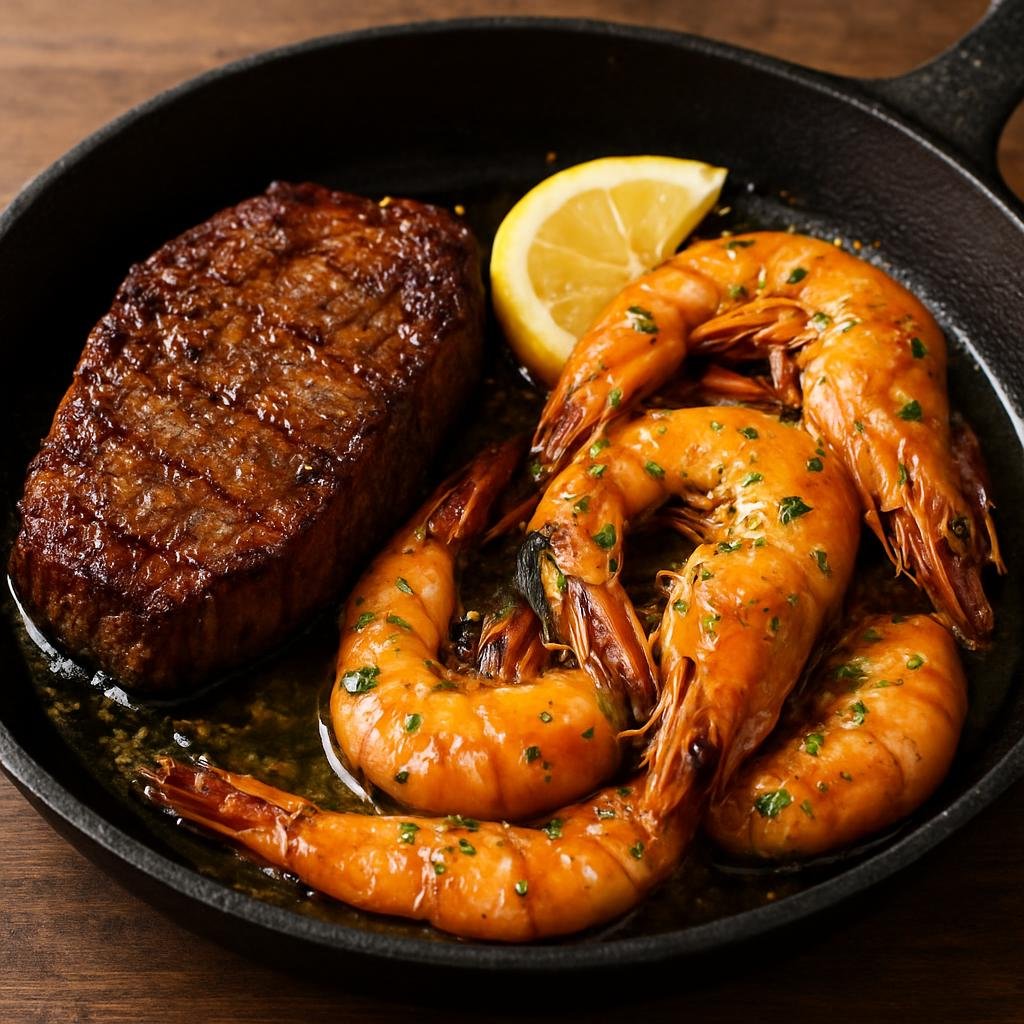 Entree: Australia – Central Culinary Region – Beef and Reef (Grilled or pan-seared beef steak served with skillet-cooked prawns in a garlic-lemon butter sauce) recipe