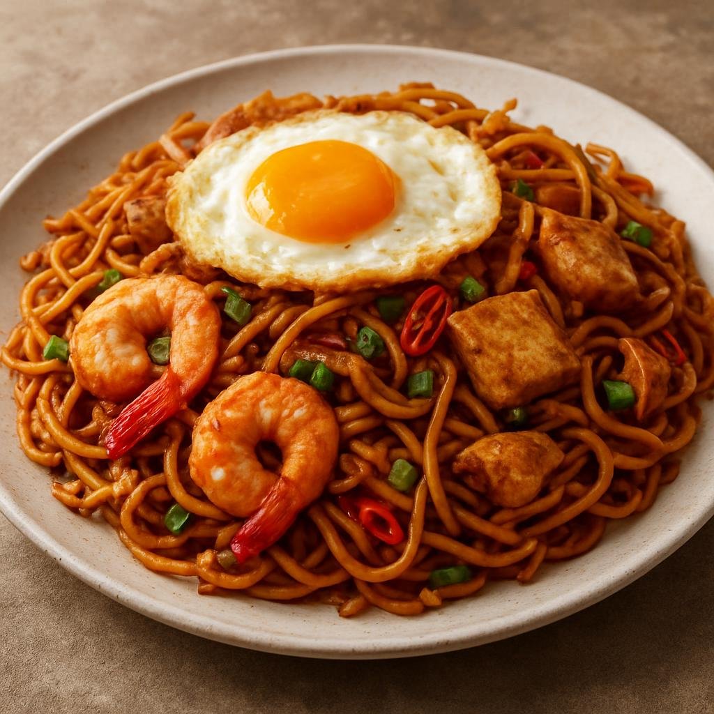 Entree: Malaysia – Malay Peninsula – Mee Goreng Mamak (Spicy Malay-Indian Muslim style stir-fried yellow noodles with tofu, egg, and shrimp) recipe