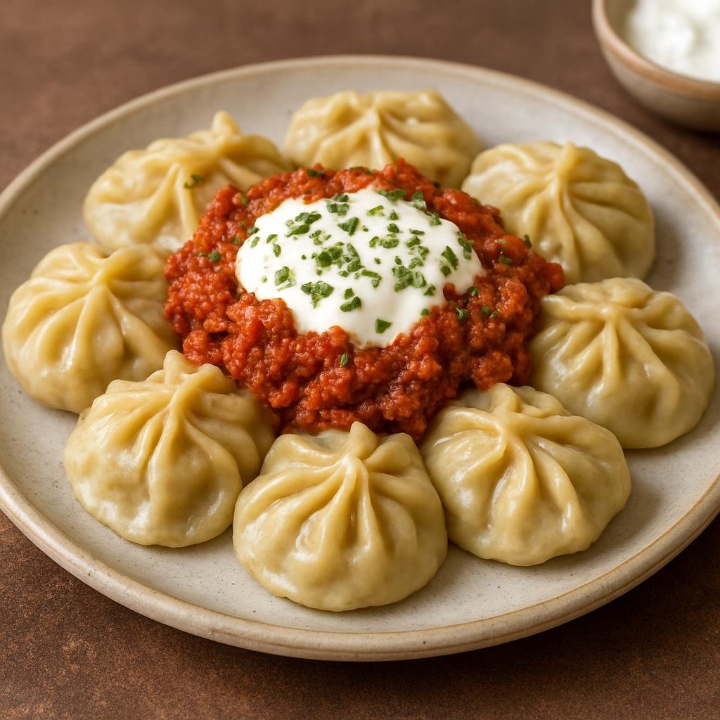 Entree: Afghanistan – Hazarajat Highlands – مانتو ➤ Mantu (Steamed filled dumplings served with a spiced tomato-meat sauce and garlic-yogurt topping) recipe