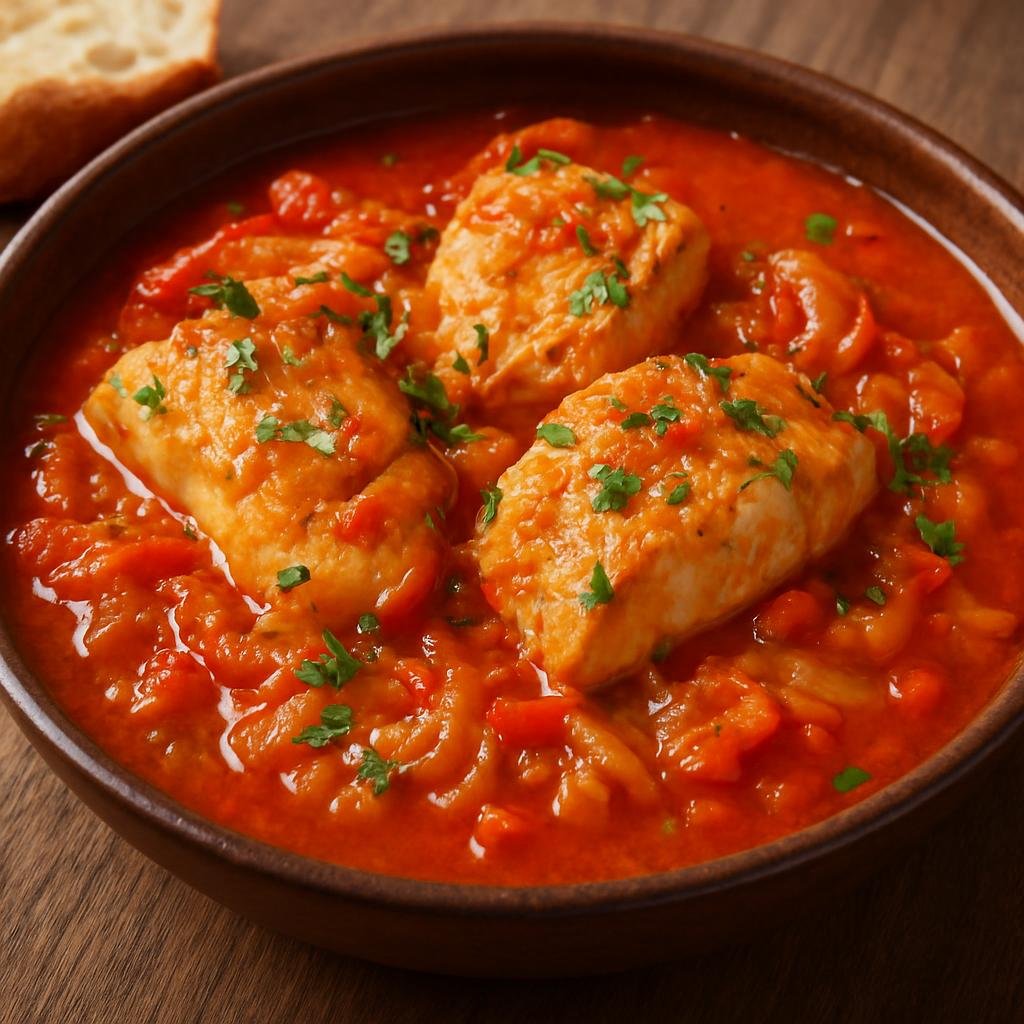 Entree: Romania – Dobrogea – Plachie de Pește (Dobrogea-style fish stew of firm white fish simmered in a tomato, onion, and vinegar broth) recipe