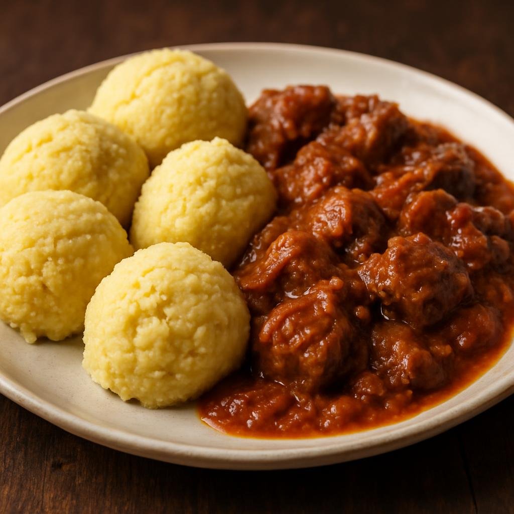 Entree: Eswatini – National Cuisine – Incwancwa (Steamed cornmeal dumplings traditionally served with a hearty meat stew) recipe