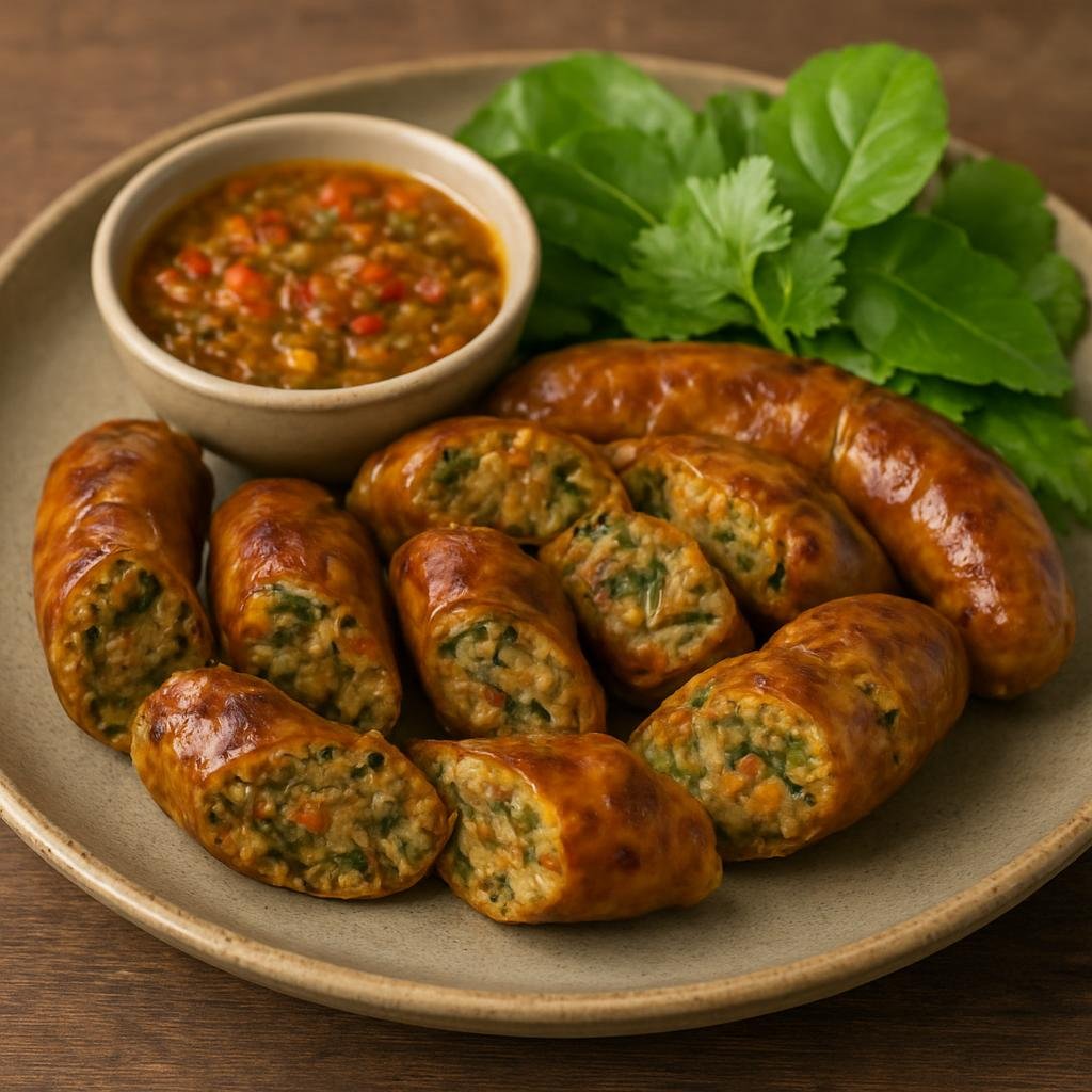 Entree: Laos – Luang Prabang / Northern Laos – ໄສອົ່ວ ➤ sai oua (Northern Lao fresh herb sausage seasoned with lemongrass, galangal, kaffir lime, and chilies) recipe