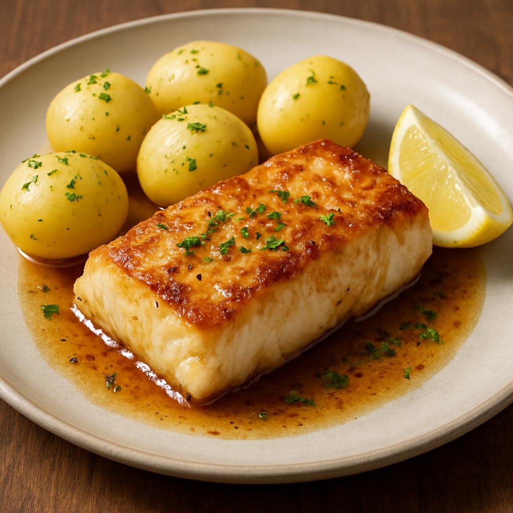 Entree: Norway – Norwegian Coastal Seafood – Stekt Torsk (Pan-fried cod fillets served with browned butter, lemon, and boiled potatoes) recipe