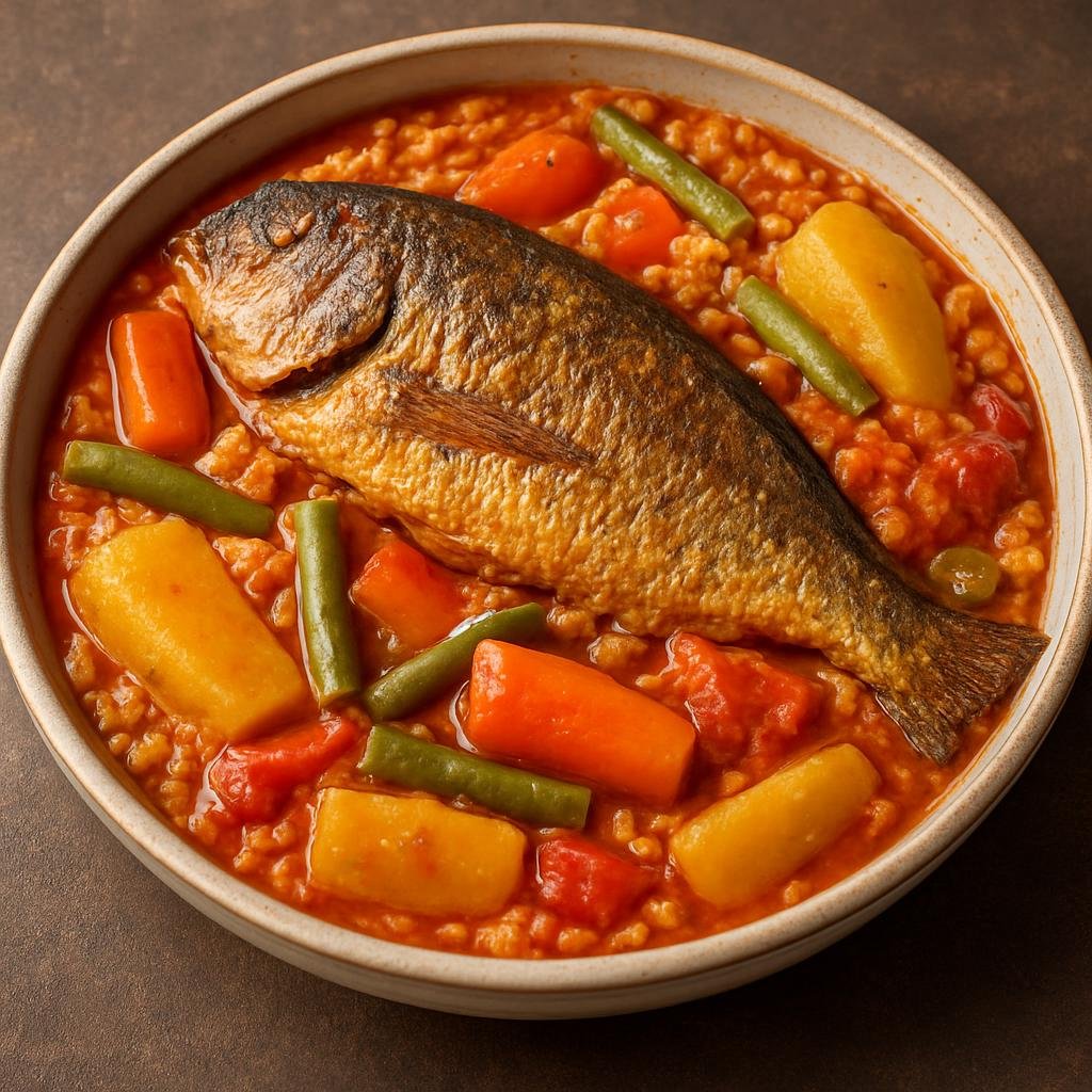 Entree: Mauritania – Southern Culinary Region – تشيبو جن ➤ Ceebu jen (Fish and rice cooked with mixed vegetables in a rich spiced tomato broth) recipe