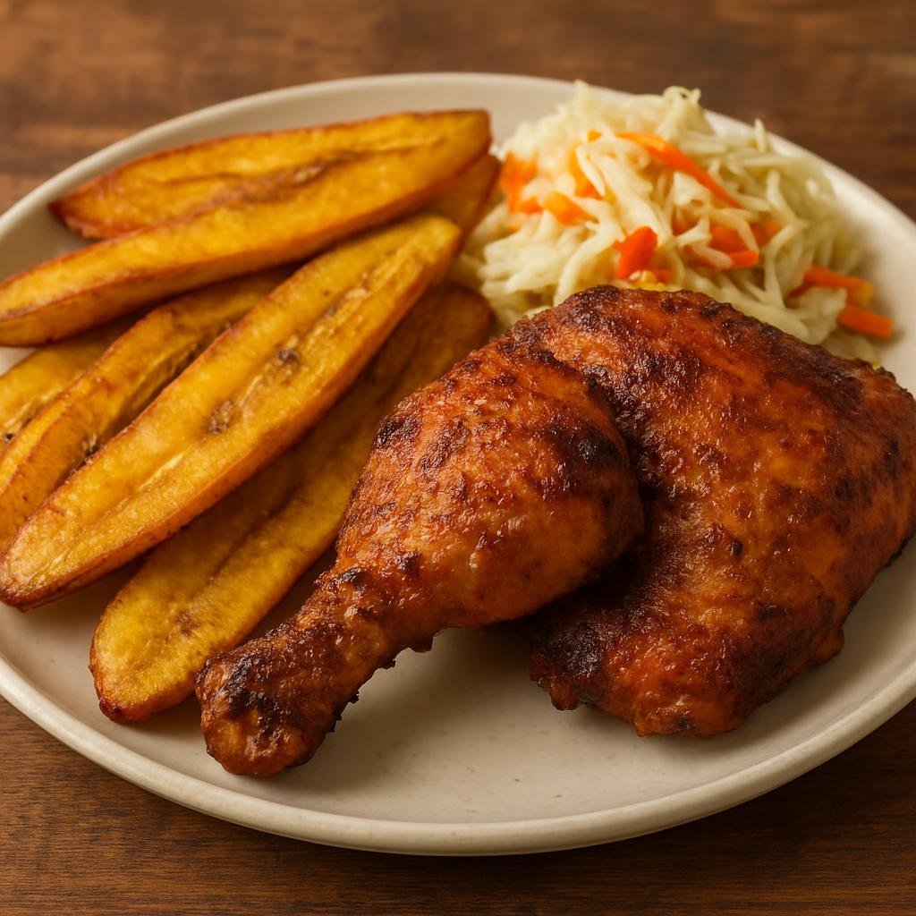 Entree: Honduras – Southern Culinary Region – Pollo con Tajadas (Honduran marinated fried chicken served with long-sliced fried green plantains and pickled cabbage) recipe