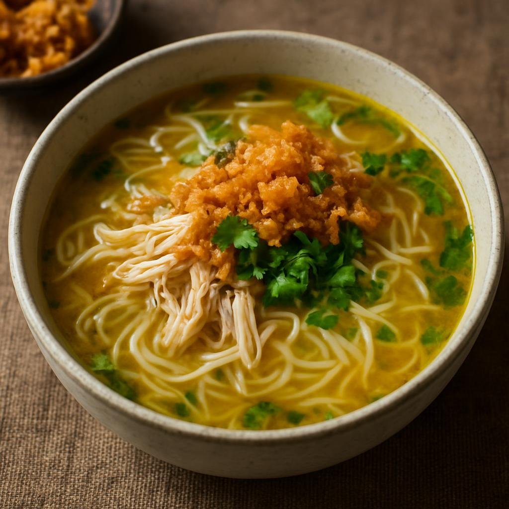 Entree: Suriname – Northern Culinary Region – Saoto Soup (Hearty Javanese-Surinamese chicken and noodle soup with aromatic spiced broth and fried toppings) recipe