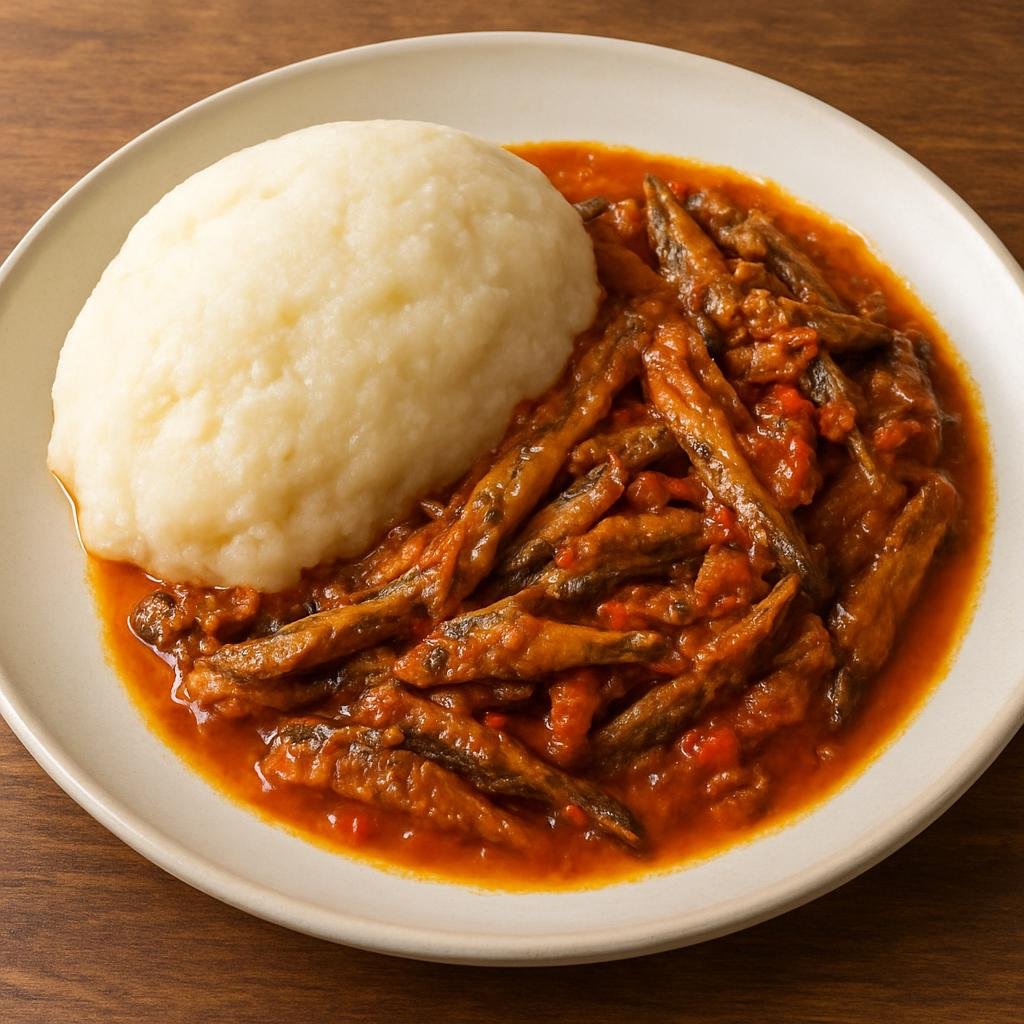 Entree: Zimbabwe – Northern Culinary Region – Kapenta with Sadza (Dried small freshwater fish stewed in a tomato-onion sauce served with firm cornmeal porridge) recipe