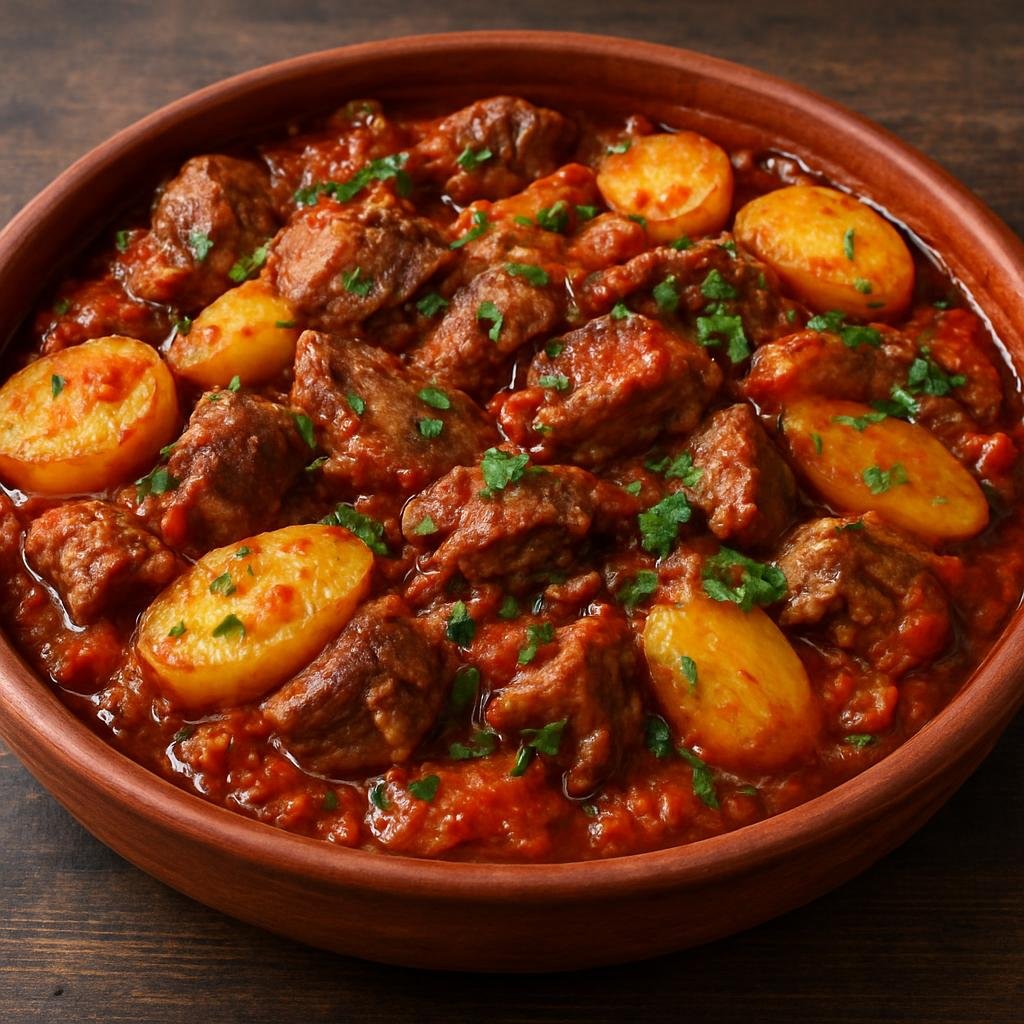Entree: Cyprus – Tavas (Cypriot pan-roasted lamb and potato casserole cooked with tomato and herbs) recipe
