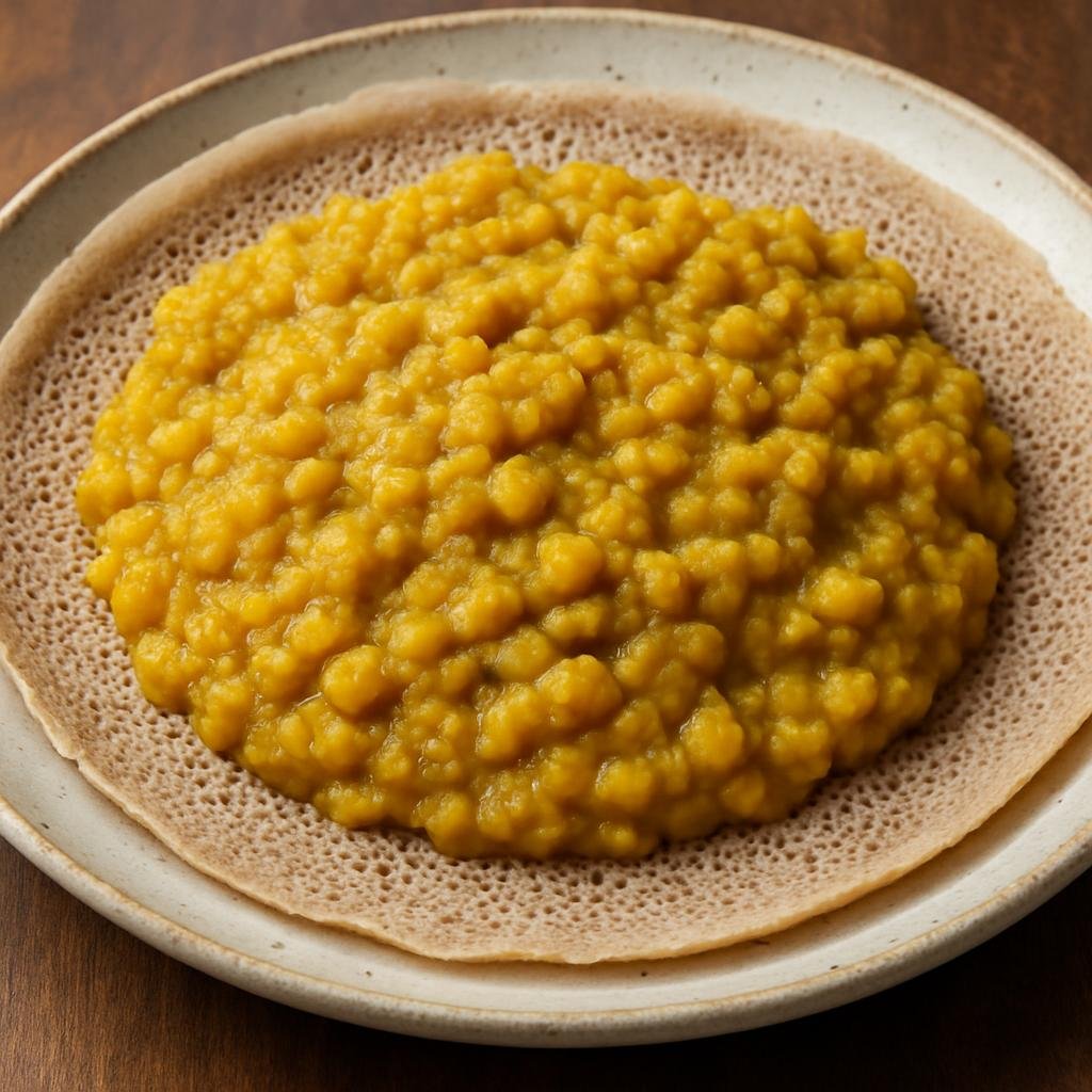 Entree: Eritrea – አሊቻ ብርሰን ➤ Alicha Birsen (Mild Eritrean split-pea stew cooked without berbere, gently seasoned and served with injera) recipe
