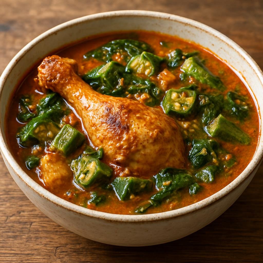 Entree: Gabon – Muamba de Galinha (Gabonese chicken stew braised in red palm oil and ground peanuts with greens and okra) recipe