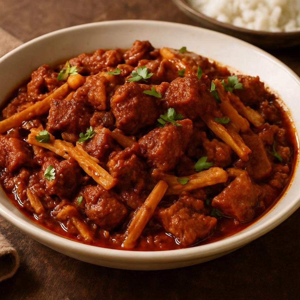 Entree: India – Assam – শুকুৰ মাংস আৰু খৰিছা ➤ Shukur mangso aru khorisa (Assamese-style stir-fried pork with fermented bamboo shoots and local spices) recipe