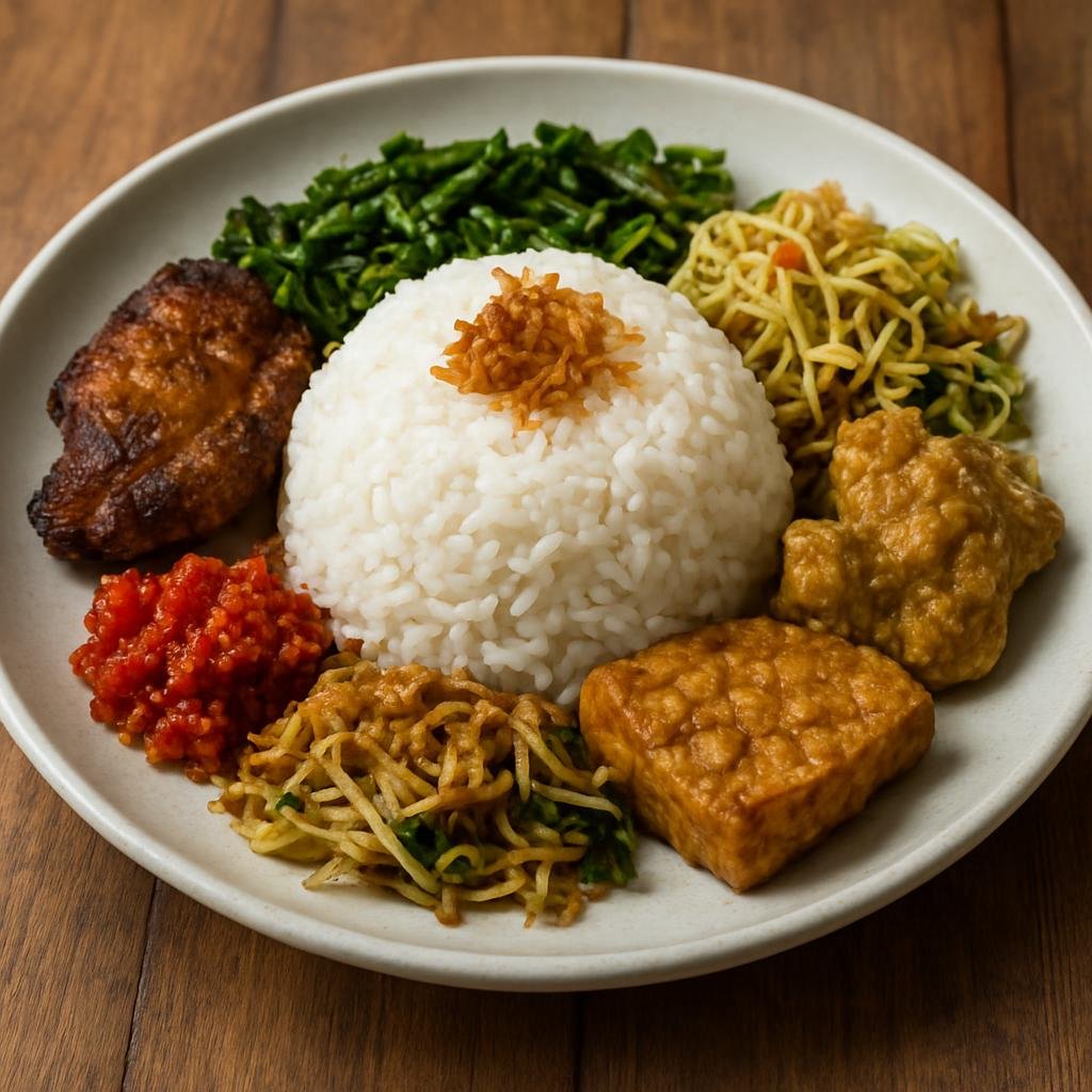 Entree: Indonesia – Bali – Nasi Campur Bali (Balinese mixed rice plate served with small portions of meats, vegetables, and condiments) recipe