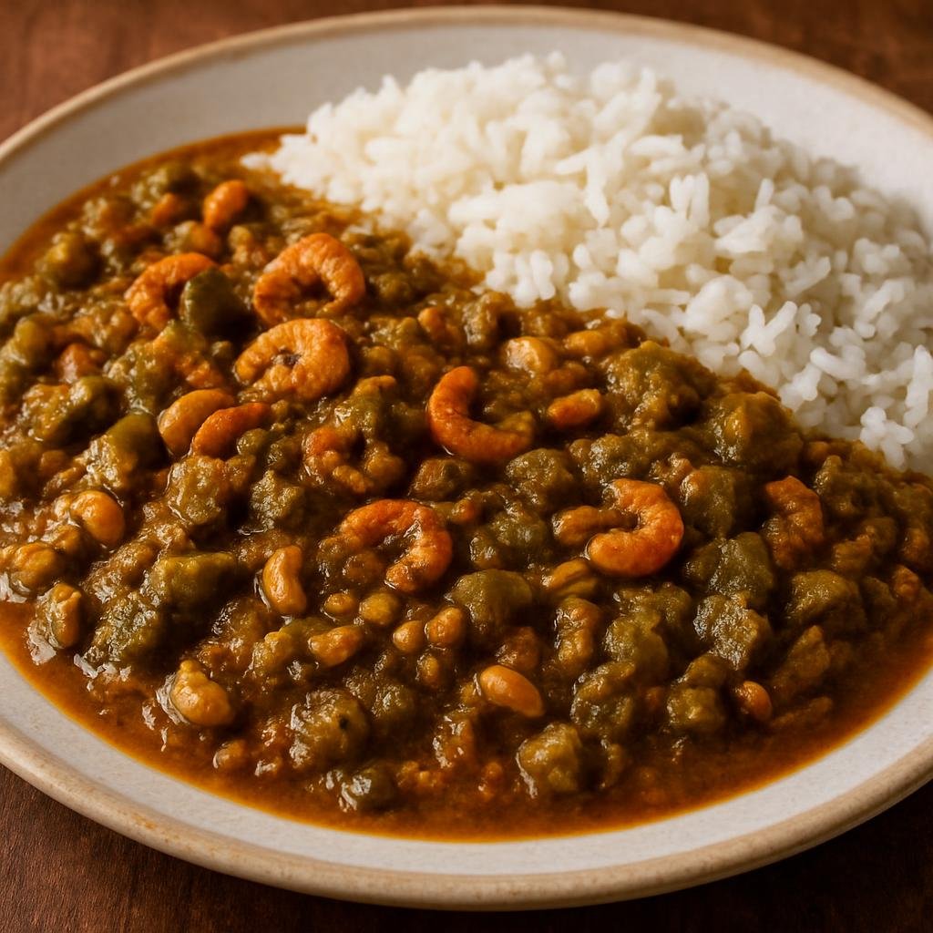 Entree: Brazil – Bahia – Caruru (Stewed okra with dried shrimp and toasted nuts in palm oil, a hearty Bahian main served with rice) recipe