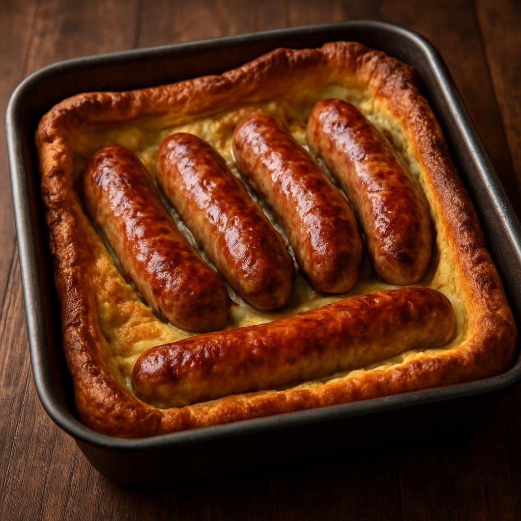 Entree: United Kingdom – British Pub Classics – Toad in the Hole (Sausages baked in a Yorkshire-pudding-style batter) recipe