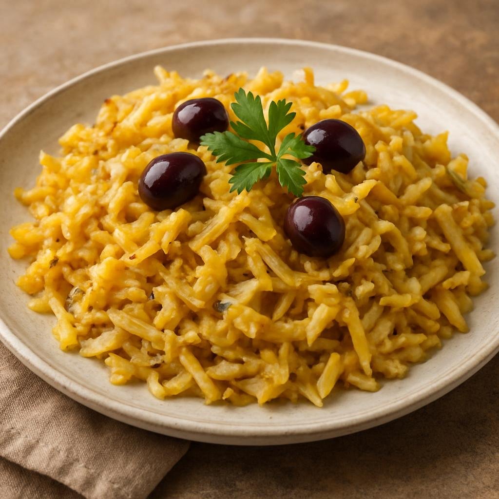Entree: Portugal – Algarve – Bacalhau à Brás (Shredded salted cod cooked with onions and thin fried potatoes bound with softly scrambled eggs, garnished with olives and parsley) recipe