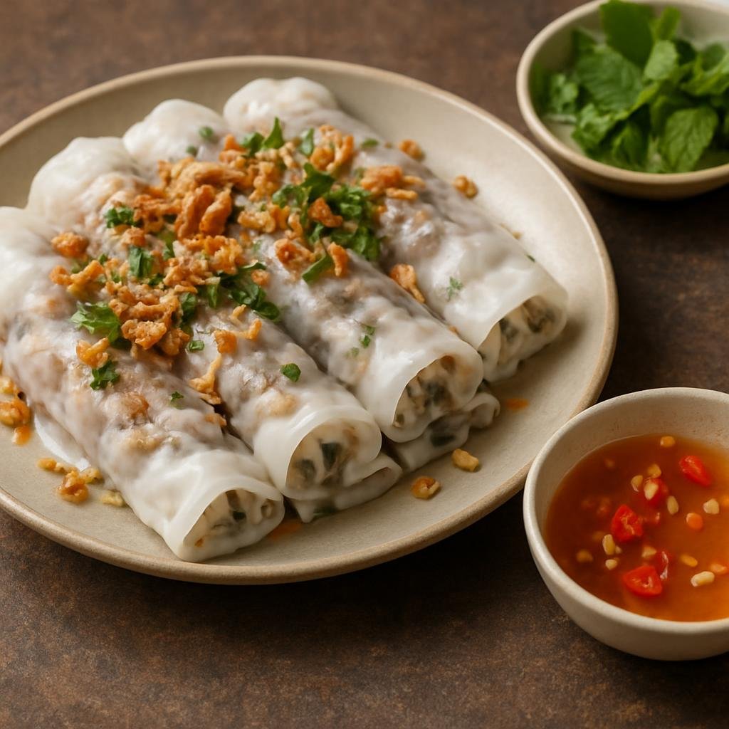 Entree: Vietnam – Hanoi – Bánh Cuốn (Steamed thin rice crepes filled with seasoned minced pork and mushrooms, served with dipping fish sauce) recipe