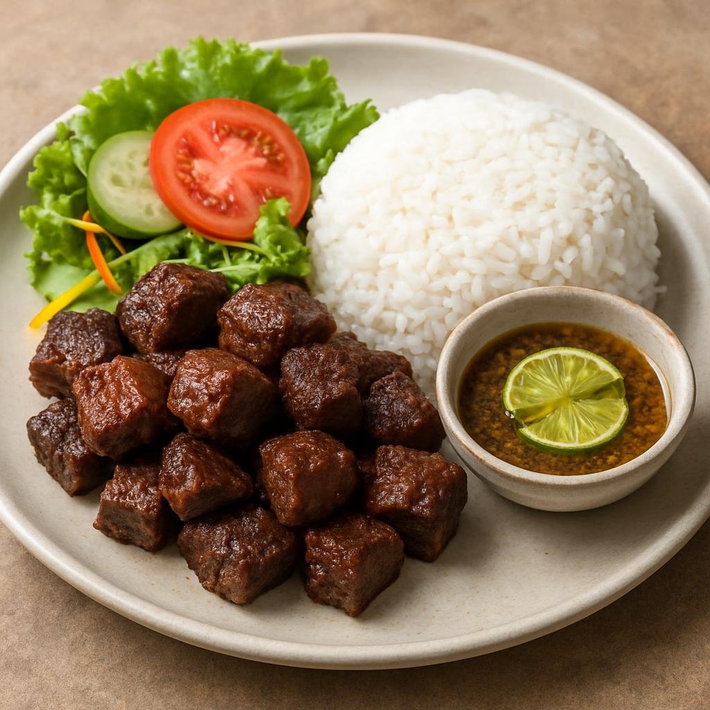 Entree: Cambodia – Coastal Cambodia – លុកឡាក់ ➤ lok lak (Cambodian sautéed marinated beef cubes served with a lime-and-black-pepper dipping sauce and rice) recipe