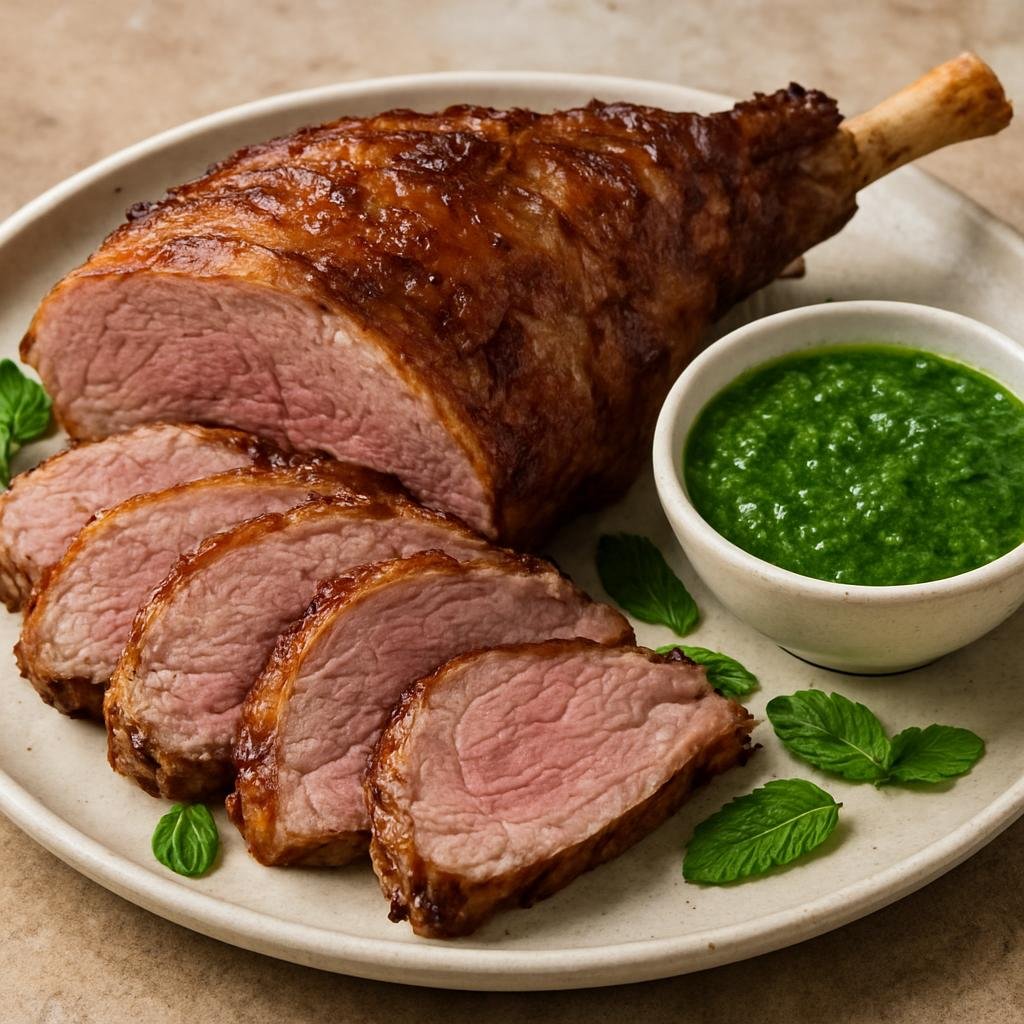 Entree: Ireland – Dublin & East – Roast Lamb with Mint Sauce (Oven-roasted leg of lamb served with a bright, tangy mint-and-vinegar sauce) recipe