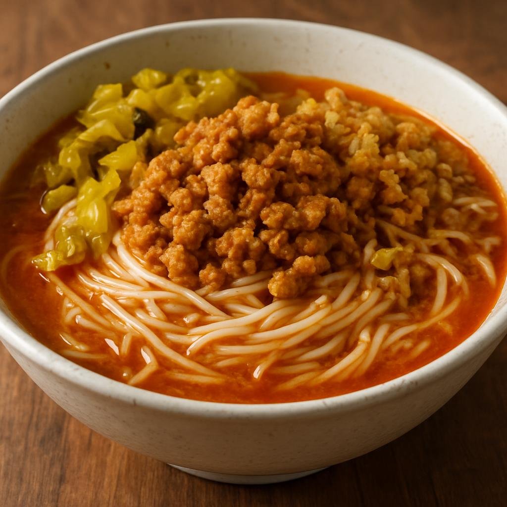 Entree: Myanmar – Kachin & Northern Myanmar – မြောက် ရှမ်း ခေါက်ဆွဲ ➤ Myauk Shan khauk swè (Northern Shan-style rice noodles served in a light savory tomato and garlic pork sauce with pickles and fried garlic) recipe