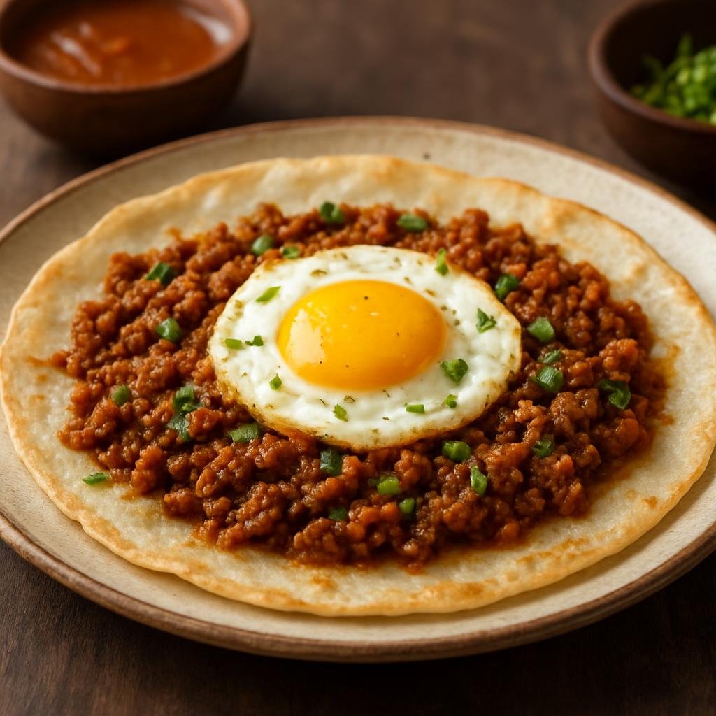 Entree: Nepal – Kathmandu Valley – चटामरी ➤ Chatamari (Nepalese rice-flour crepe traditionally topped with spiced minced meat or egg and served as a savory street-food entrée) recipe