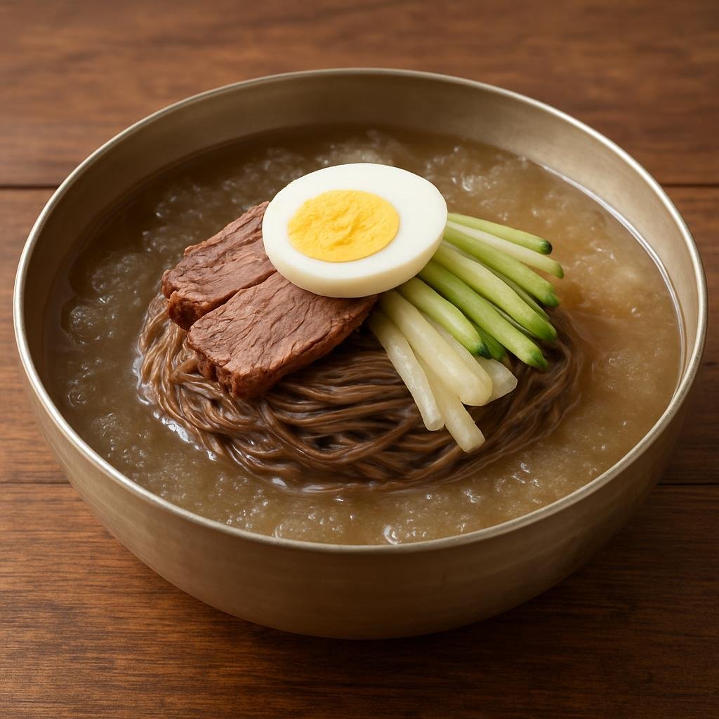 Entree: South Korea – Gyeongsang – 밀양냉면 ➤ Miryang naengmyeon (Chilled buckwheat noodles served in a clear, icy beef broth topped with sliced brisket, pickled radish, cucumber, and a boiled egg) recipe