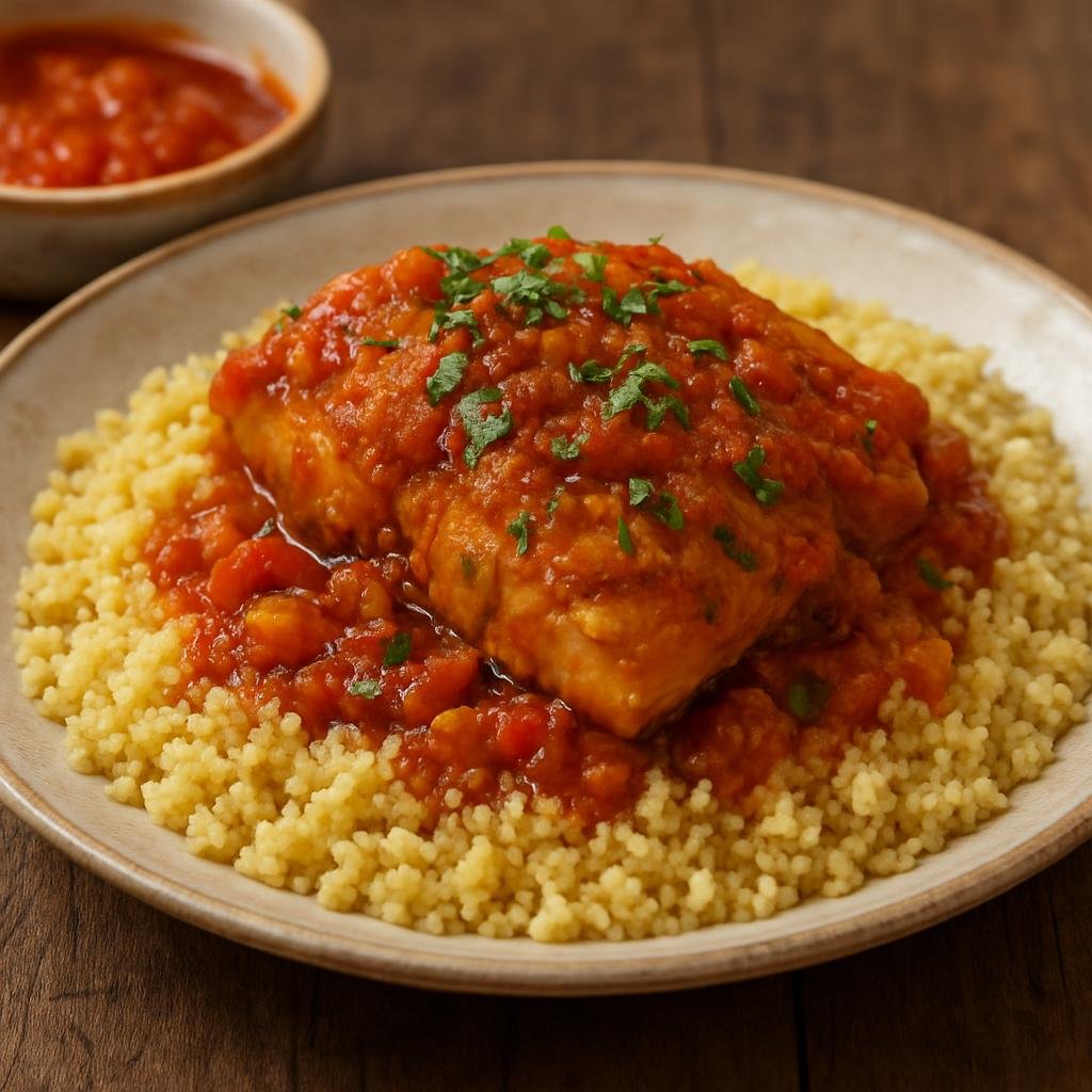 Entree: Tunisia – Southern Tunisia – كسكسي بالسمك ➤ Kuskusi bil-samak (Steamed semolina couscous served with a spiced fish stew) recipe