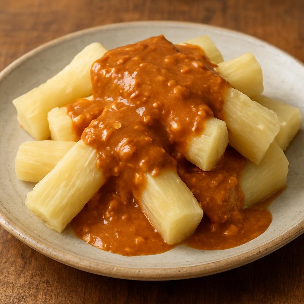 Entree: Equatorial Guinea – National Cuisine – Yuca con Salsa de Cacahuete (Boiled cassava served with a rich savory peanut sauce) recipe