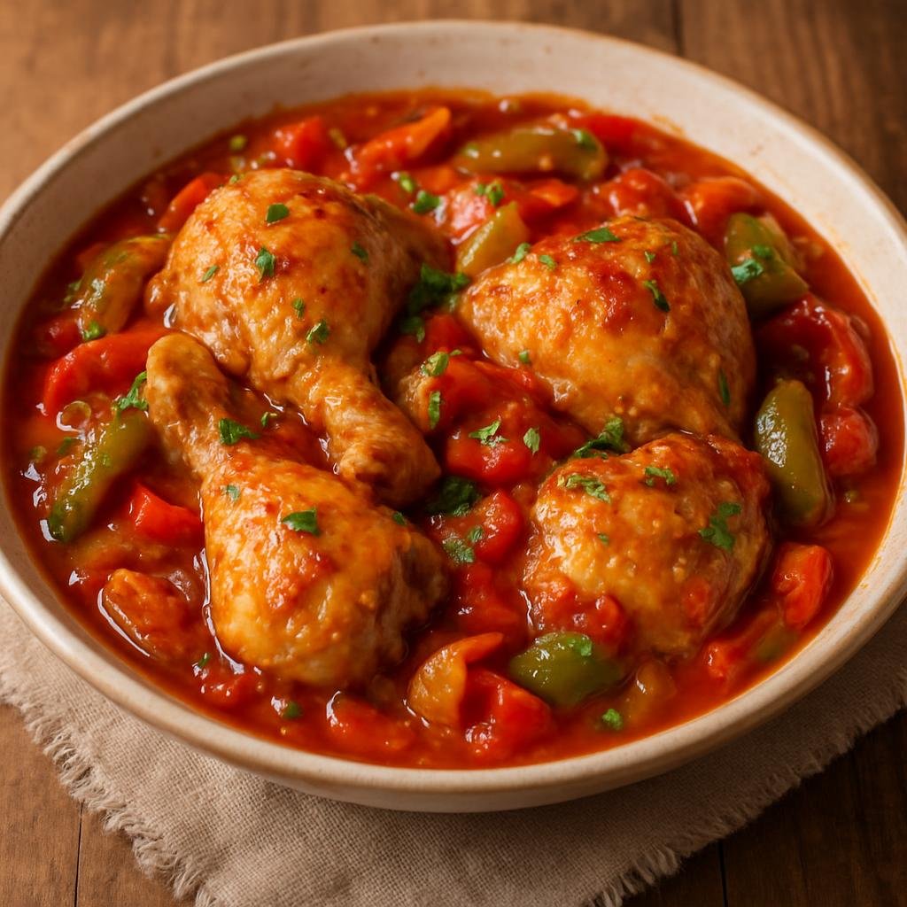 Entree: French Southern Territories – National Cuisine – Poulet Basquaise (Basque-style braised chicken with tomatoes, bell peppers, onions, and Espelette pepper) recipe