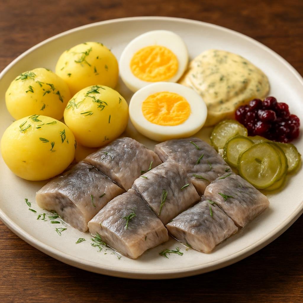 Entree: Sweden – Skane / South Sweden – Silltallrik (Traditional Swedish plate of pickled herring served with boiled potatoes, mustard-dill sauce, eggs, and condiments) recipe