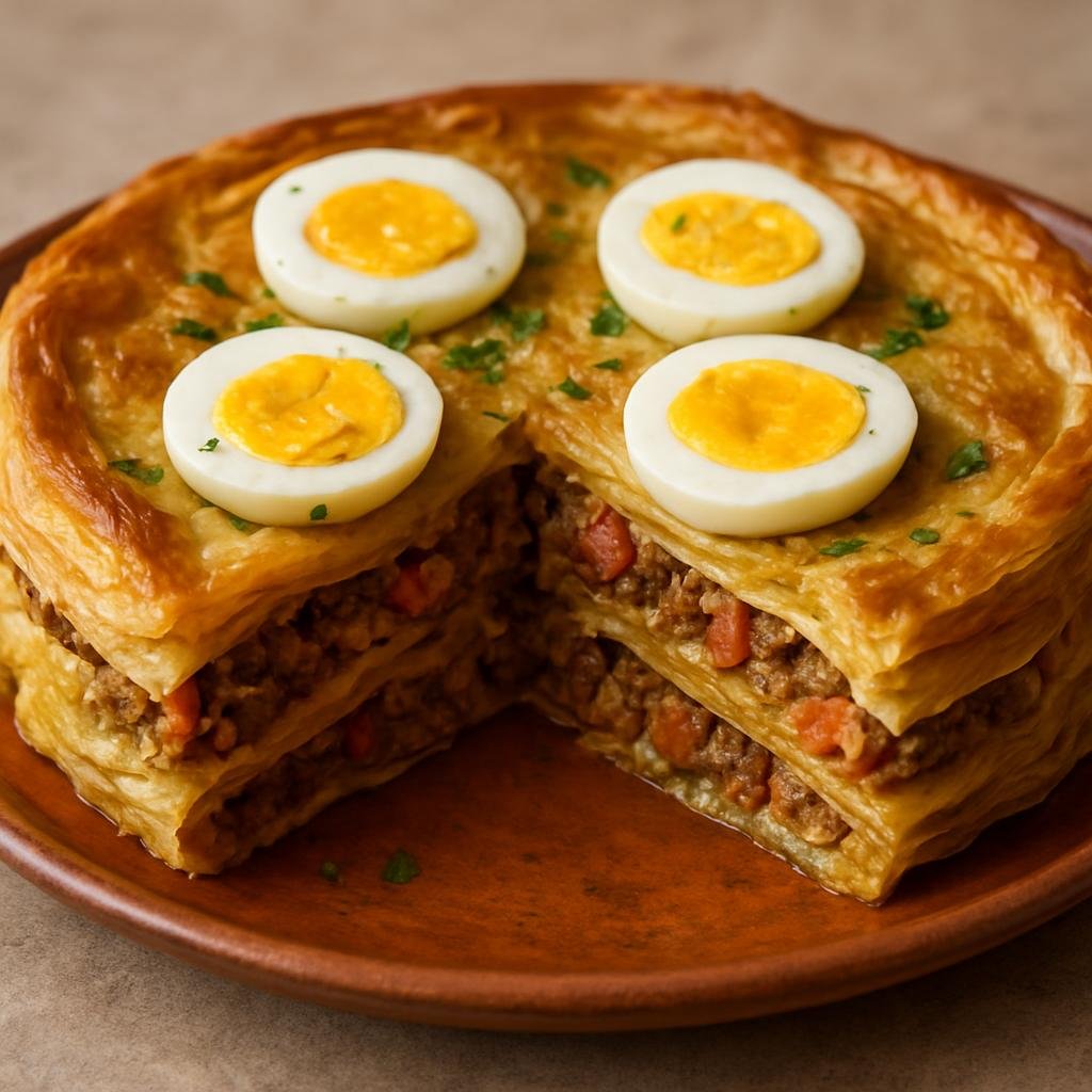 Entree: Tunisia – Sahel Coast – Tajine Malsouka (Baked Tunisian savory pie of layered malsouka pastry with spiced meat, vegetables, and eggs) recipe