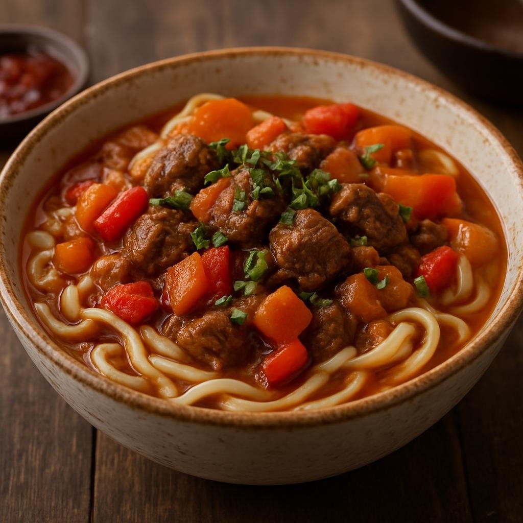 Entree: Kyrgyzstan – Northern Culinary Region – Лагман ➤ Lagman (Hearty hand-pulled noodle stew with beef and vegetables) recipe