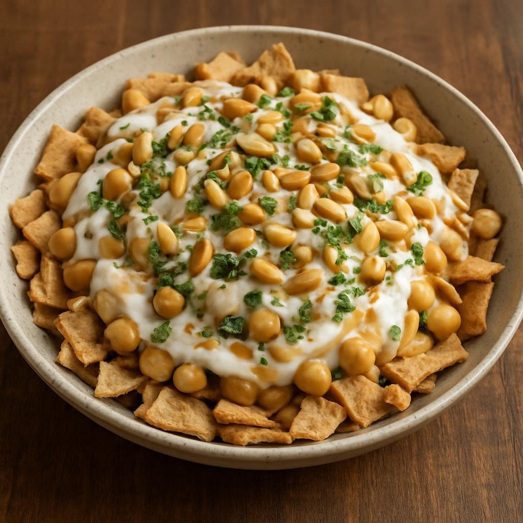 Entree: Palestine – Northern Culinary Region – فتّة حمص ➤ Fattet Hummus (Layered toasted pita and chickpeas dressed with yogurt, tahini, garlic, and topped with pine nuts and herbs) recipe