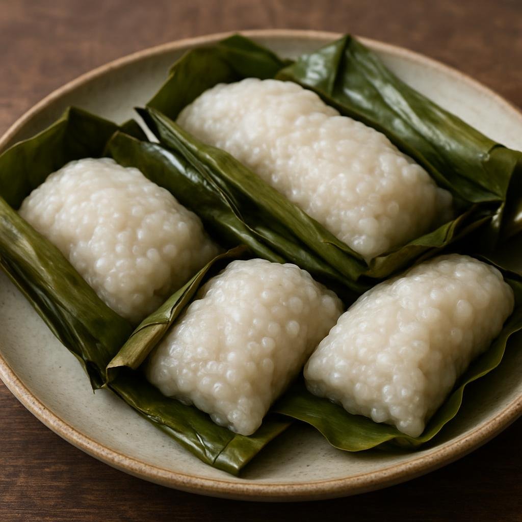 Entree: Papua New Guinea – Northern Culinary Region – Saksak (Steamed sago and coconut dumplings wrapped in banana leaf, served as a staple starchy main) recipe