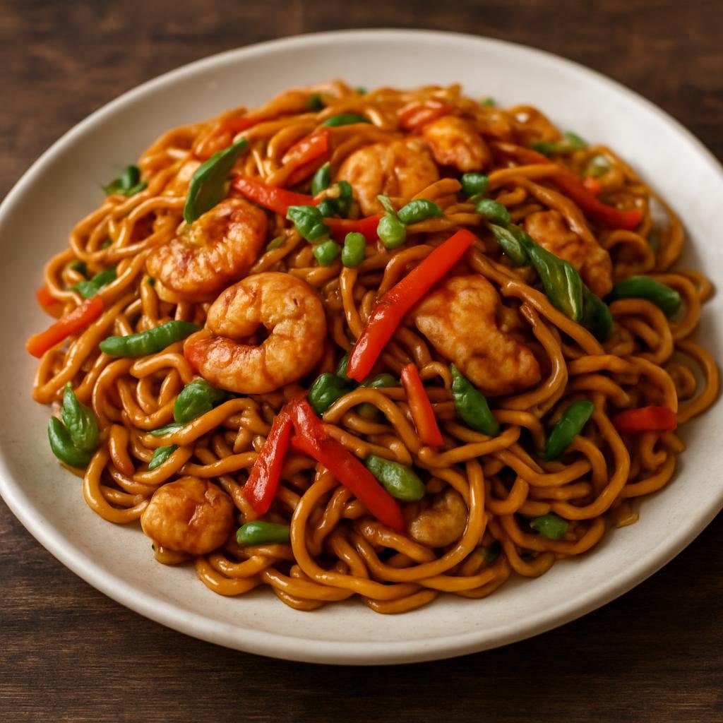 Entree: Suriname – Northern Culinary Region – Bami Goreng (Stir-fried seasoned egg noodles with vegetables and a savory-sweet soy-based sauce, often served with chicken or shrimp) recipe
