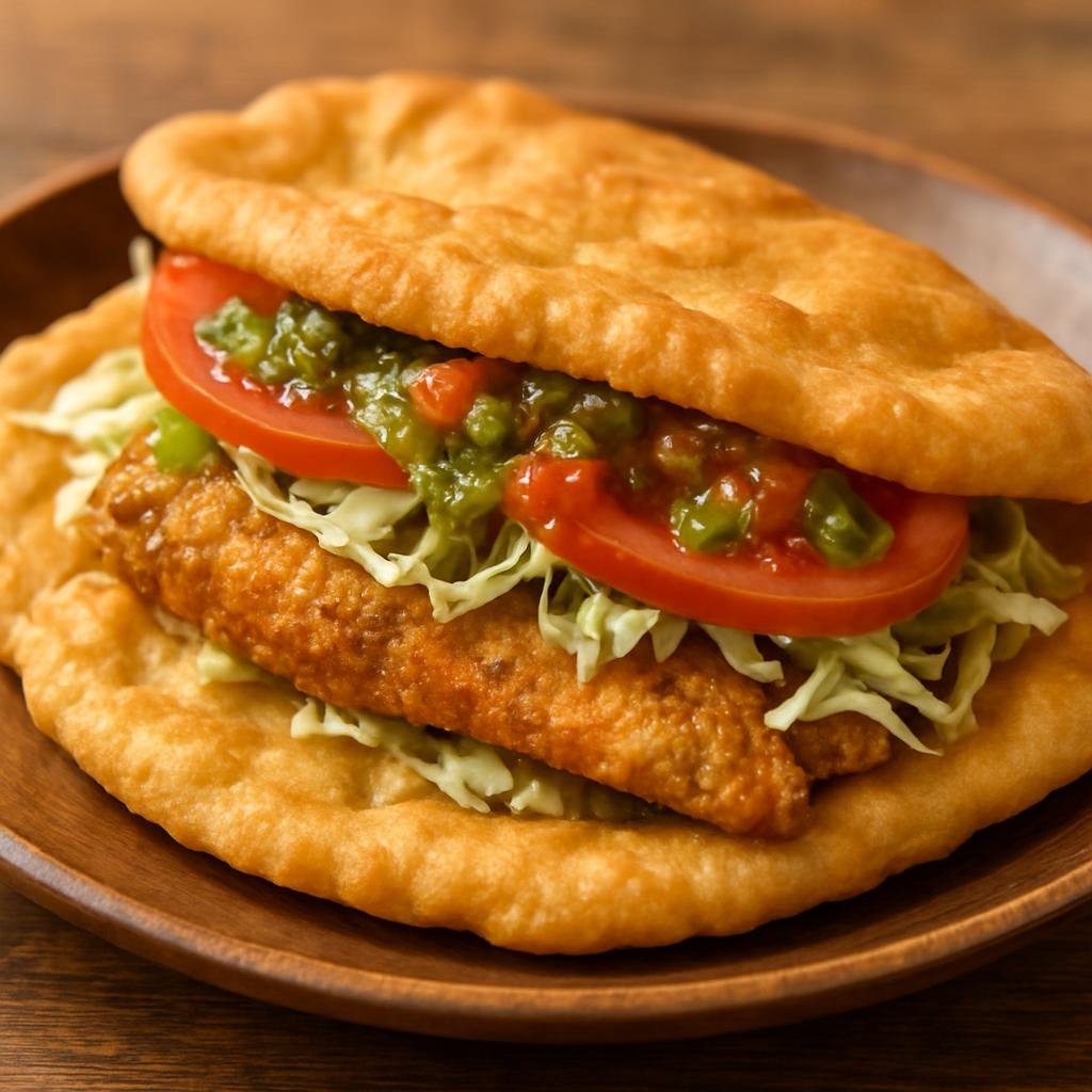 Entree: Trinidad and Tobago – Northern Culinary Region – Bake and Shark (Sandwich of fried shark served in fried flatbread with Caribbean sauces and toppings) recipe