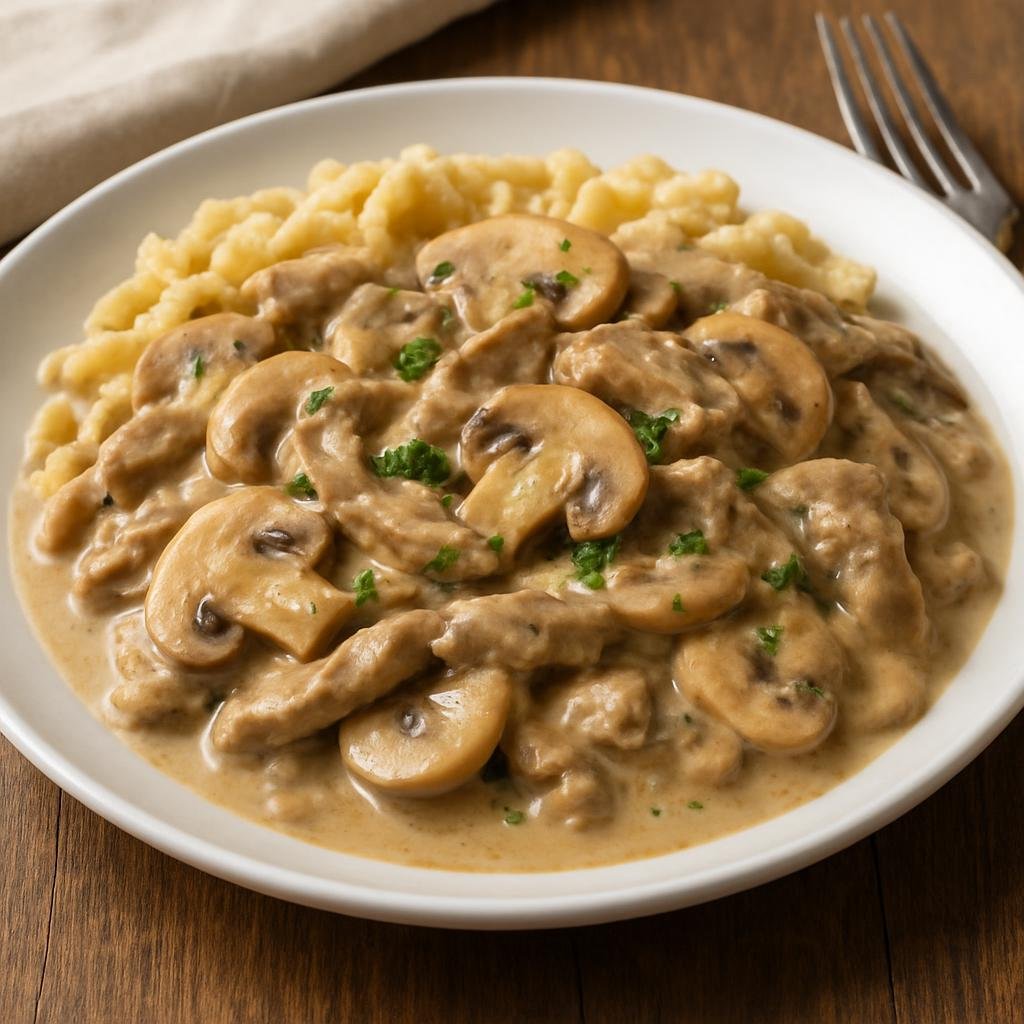 Entree: Switzerland – German Swiss – Zürcher Geschnetzeltes (Thinly sliced veal in a creamy mushroom and white wine sauce) recipe