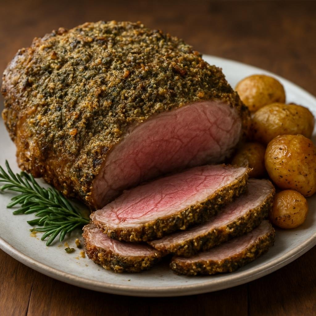 Entree: Australia – Central Culinary Region – Saltbush Lamb (Roast lamb crusted and seasoned with native Australian saltbush for a savory, slightly saline herb crust) recipe
