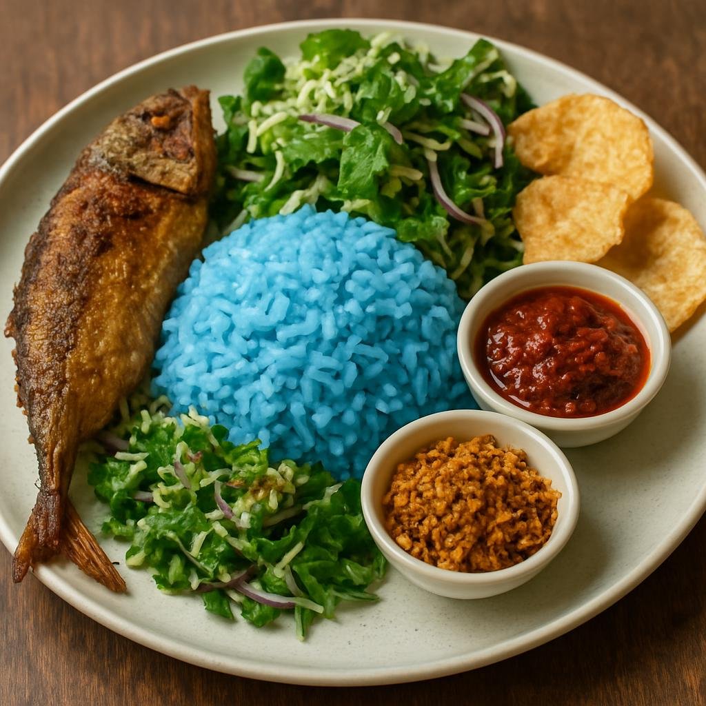 Entree: Malaysia – Malay Peninsula – Nasi Kerabu (Blue rice served with a mix of fresh herb salad, fried fish, crackers, and spicy condiments) recipe