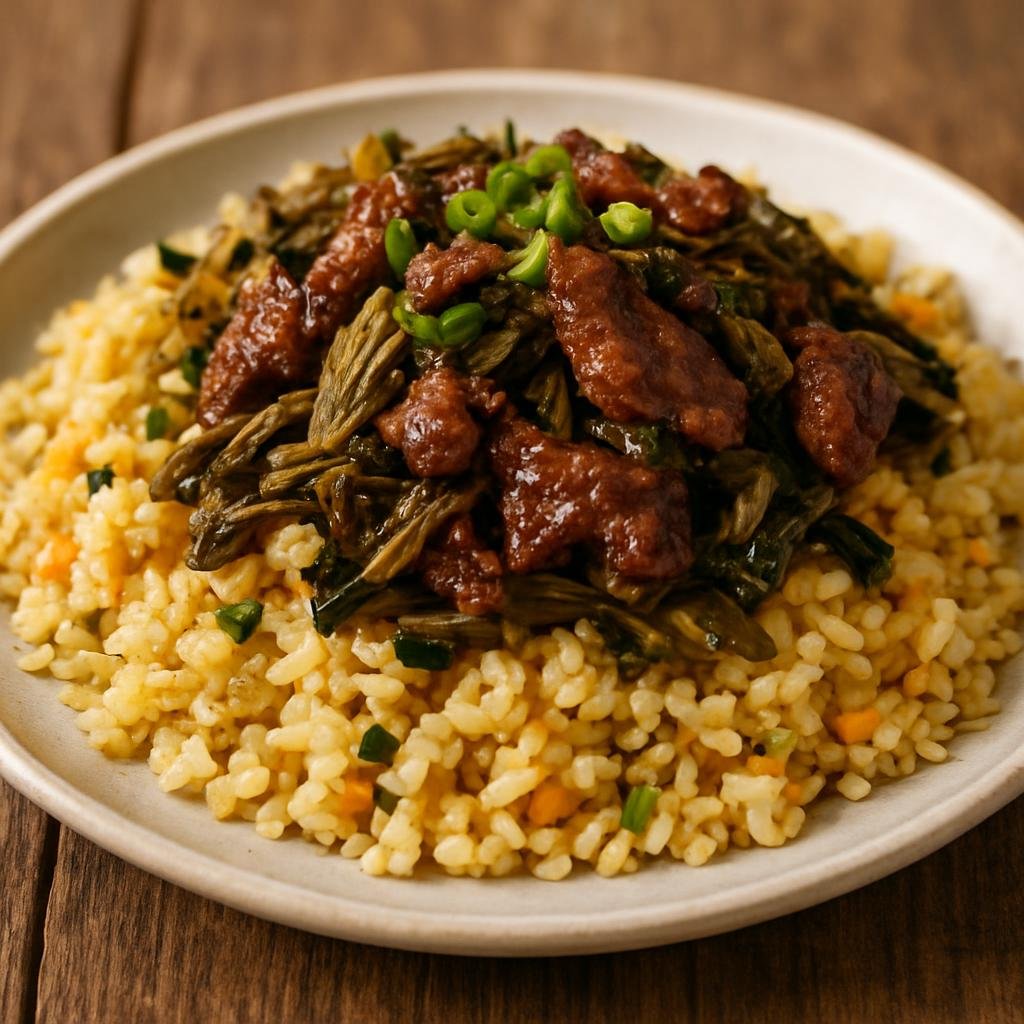 Entree: Vietnam – Hanoi – Cơm Rang Dưa Bò (Fried rice with pickled mustard greens and stir-fried beef) recipe