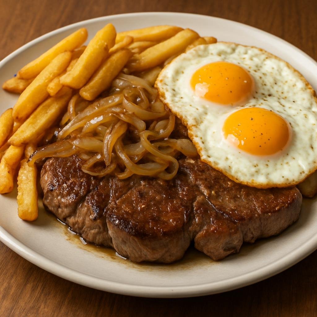 Entree: Chile – Central Culinary Region – Lomo a lo Pobre (Pan-seared beef steak served with fries, sautéed onions, and fried eggs) recipe
