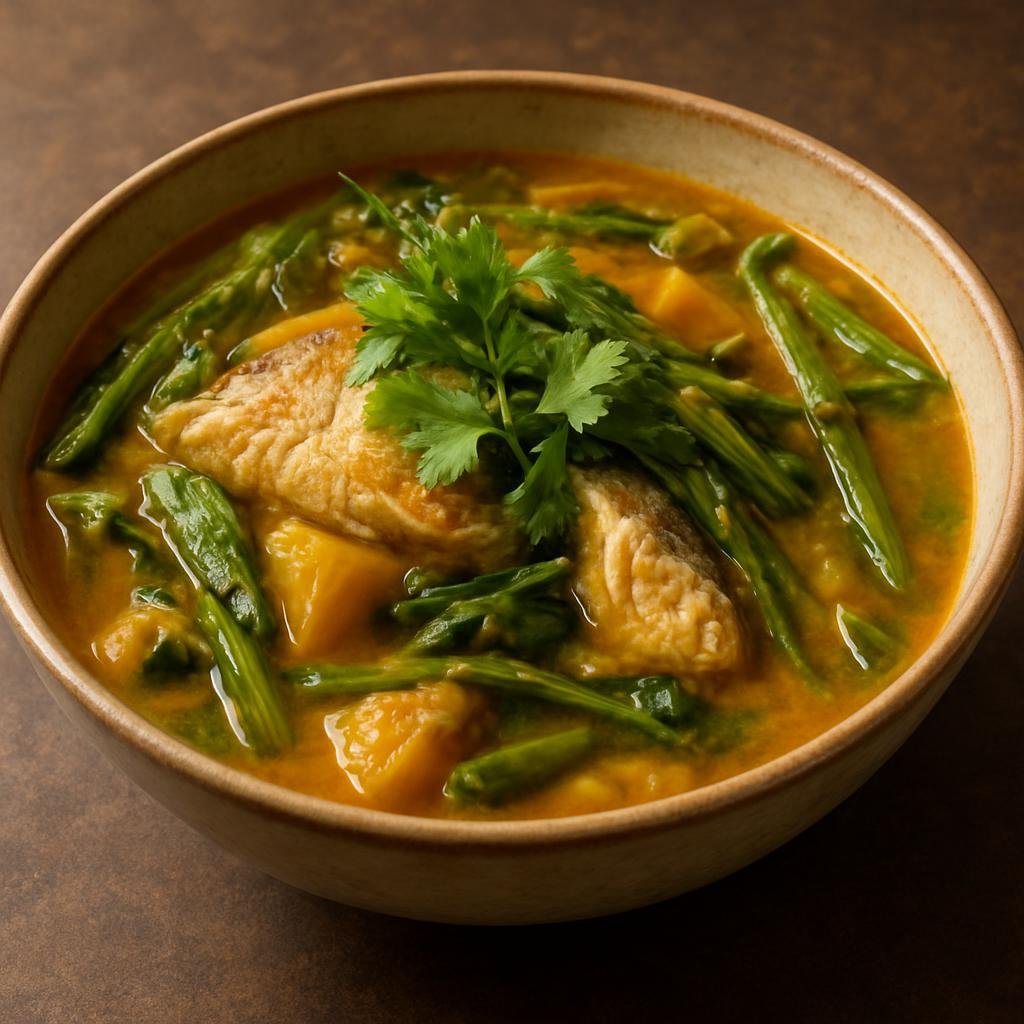 Entree: Cambodia – Coastal Cambodia – សម្លកកូរ ➤ Samlor Korko (A Khmer coastal vegetable and fish stew flavored with kroeung herb paste and a light tamarind sourness) recipe