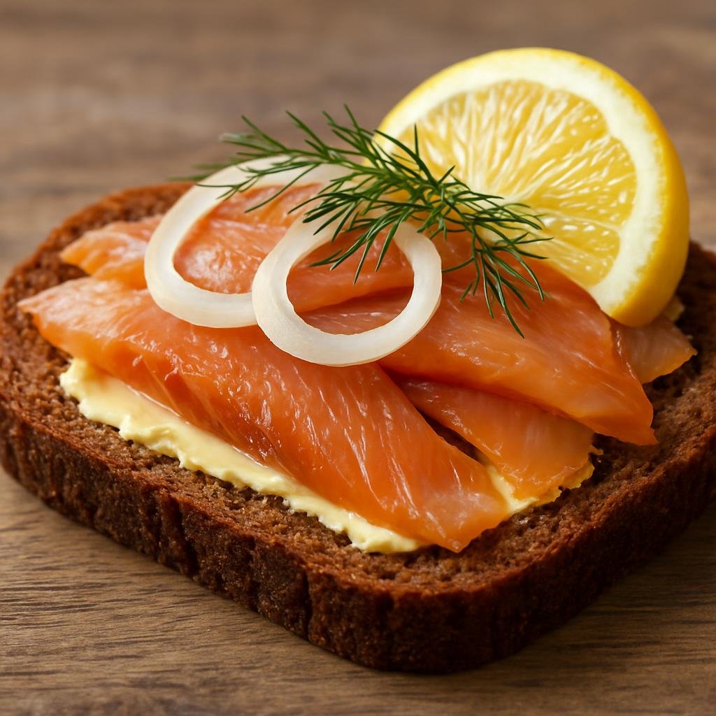 Entree: Finland – Finnish Coastal Cuisine – Ruisleipä with Smoked Fish (Dense Finnish rye bread topped with butter and slices of cold-smoked fish, finished with dill, onion, and lemon as a main open-faced meal) recipe