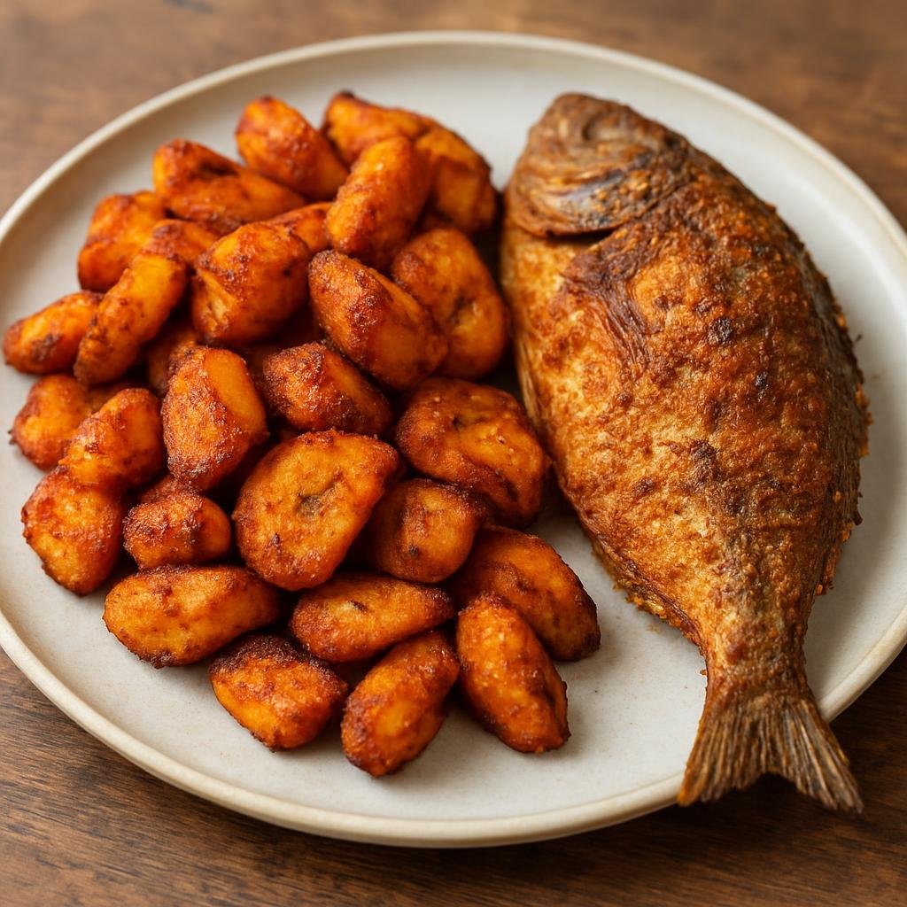 Entree: Ghana – Ashanti – Kelewele with Fried Fish (Spicy Ghanaian fried plantains served alongside seasoned fried whole fish) recipe