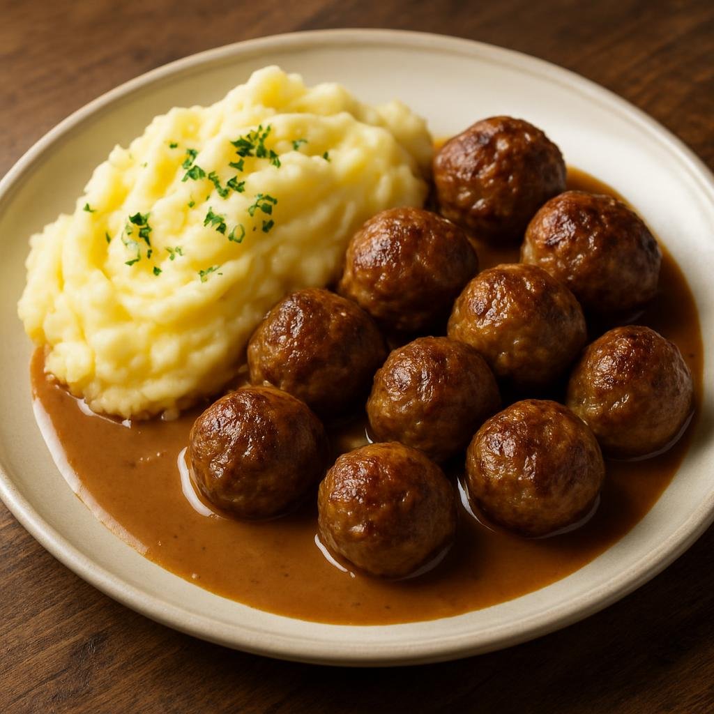 Entree: Sweden – Stockholm & Central Sweden – Köttbullar med Potatismos (Swedish meatballs served with creamy mashed potatoes and a rich brown cream gravy) recipe