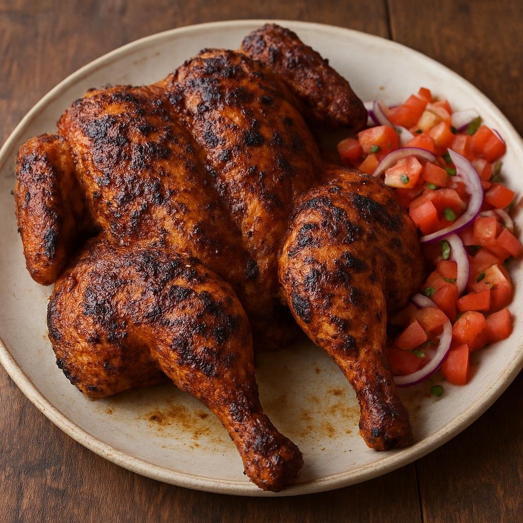 Entree: Kenya – Kenyan Pastoral Cuisine – Kuku Choma (Charcoal-grilled seasoned whole chicken commonly served with fresh tomato-onion salad) recipe