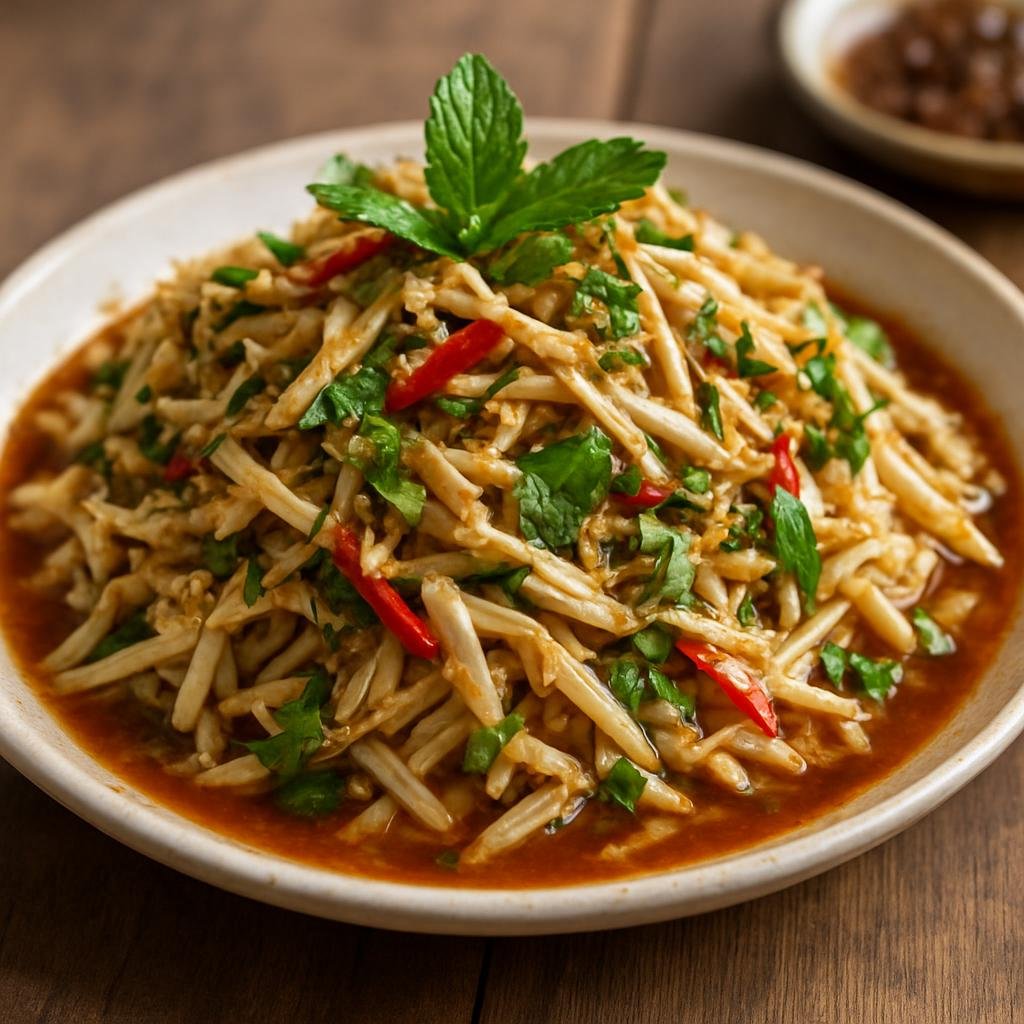 Entree: Myanmar – Kachin & Northern Myanmar – Kachin Bamboo Shoot Salad (Shredded bamboo-shoot salad in a spicy-sour dressing with local herbs and fermented seafood) recipe