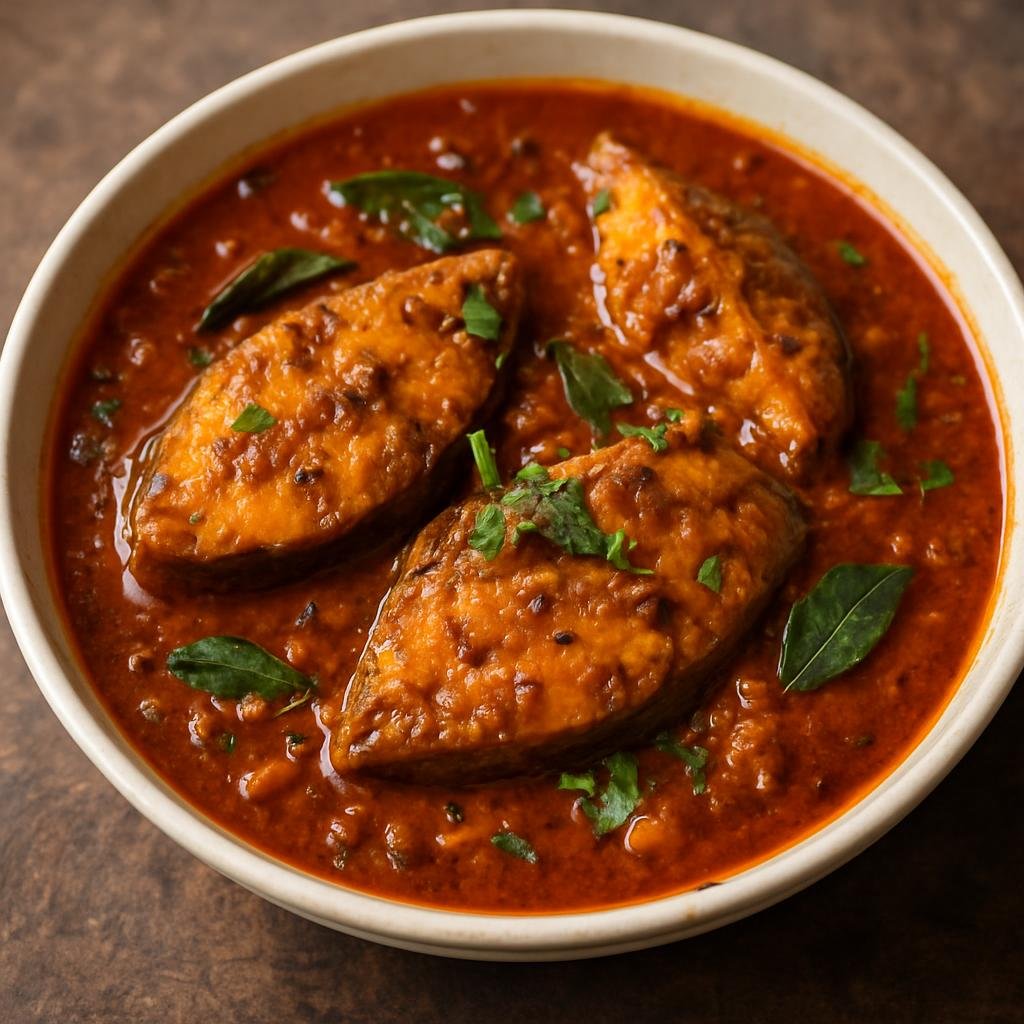 Entree: Sri Lanka – Jaffna Tamil Cuisine – யாழ்ப்பாண மீன் குழம்பு ➤ Yaalpanam Meen Kuzhambu (Spicy tamarind and coconut fish curry seasoned with Jaffna‑style roasted spices) recipe