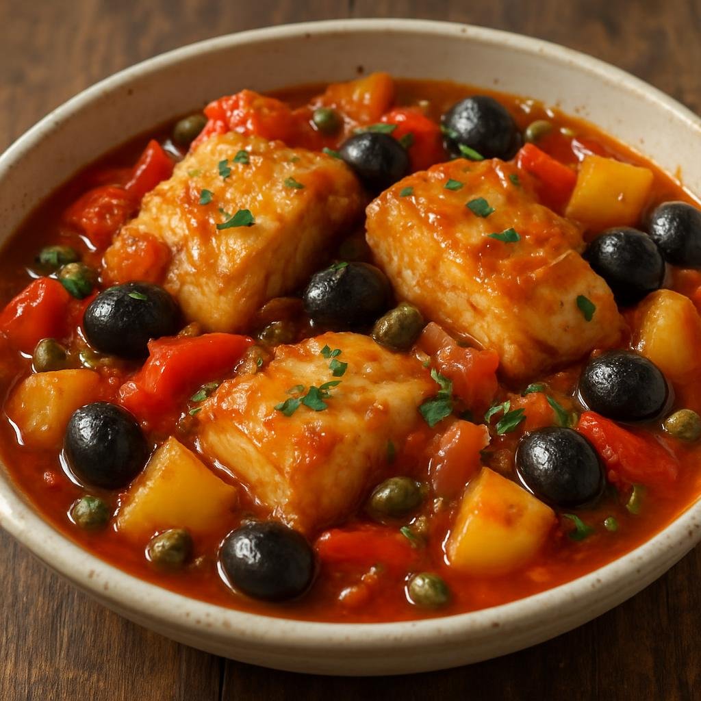 Entree: Bonaire, Sint Eustatius and Saba – National Cuisine – Bacalao (Salted cod stew braised with tomatoes, peppers, potatoes, olives, and capers) recipe