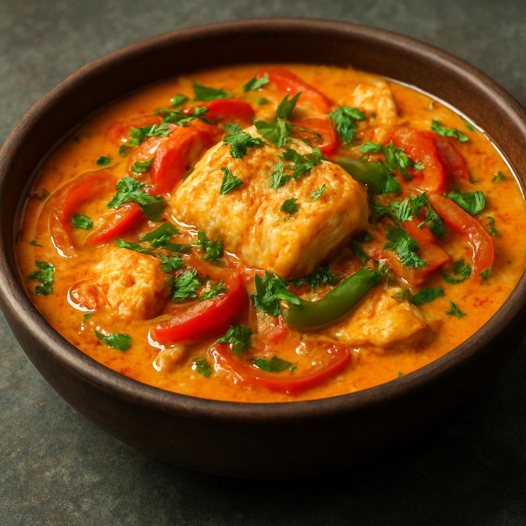 Entree: Cape Verde – National Cuisine – Moqueca de Peixe (Cape Verdean fish stew braised in coconut milk with tomatoes, peppers, and fresh herbs) recipe